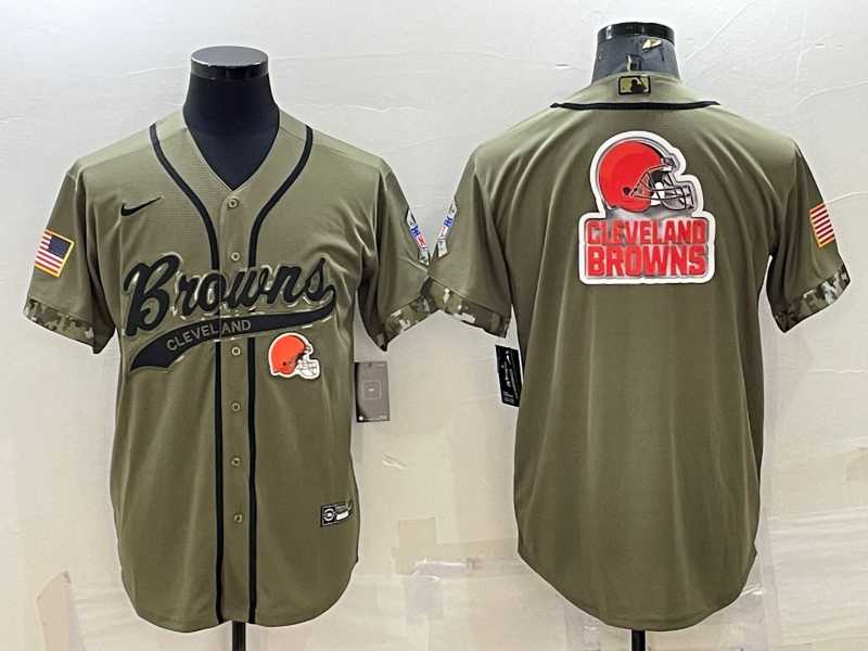 Men%27s Cleveland Browns Olive 2022 Salute To Service Team Big Logo Cool Base Stitched Baseball Jersey